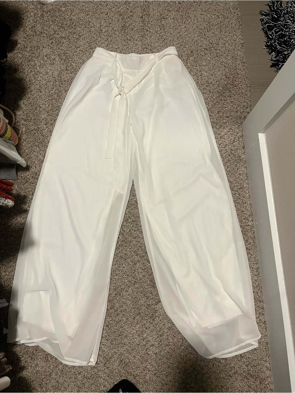 Tie-Waist Wide Leg chiffon Pants - White